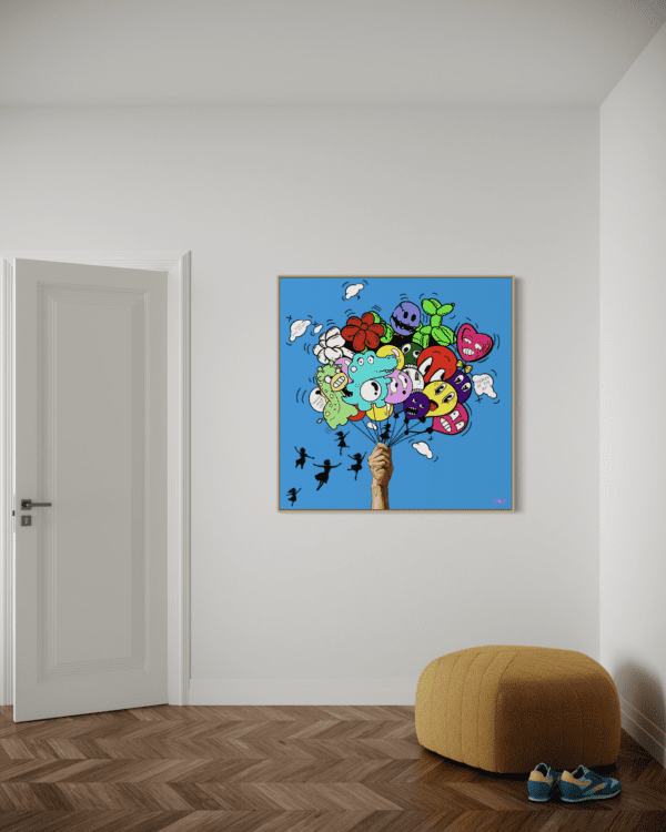 Uplifting artwork of floating balloons in "Children of the Sky" painting by Henrix